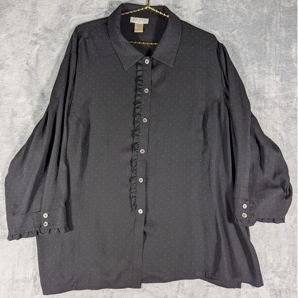 Elana by Tanner Women's 3XL Black Pink Polka Dot 100% Silk Ruffle Button Down